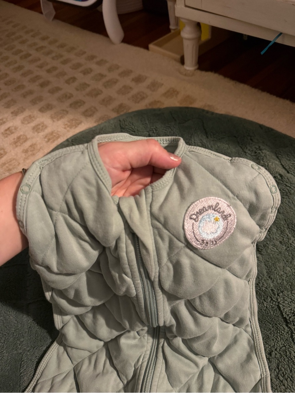 Quilted Sage Green/Grey Baby Swaddle with Front Zipper